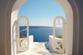 View of the sea from the house through the arch, Santorini island, Greece. Generative AI Royalty Free Stock Photo