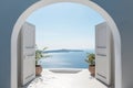 View of the sea from the house through the arch, Santorini island, Greece. Generative AI Royalty Free Stock Photo