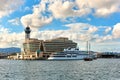 View from the sea of Port Vell Aerial Tramway Royalty Free Stock Photo