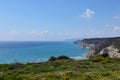 View on sea from rock in Kourion beach, in Cyprus. View from ancient part of Kourion, district of Limassol Lemessos to beach in