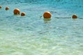 View of the sea from a shore with a long line of orange colored marker buoys floating Royalty Free Stock Photo