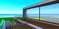 View of the sea from the terrace of contemporary cottage. It takes two minutes to reach the sand shore. 3d rendering