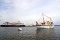 View from the sea to a cruise ship, ferryboat, Oslo and the Oslo Fjord