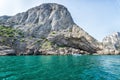 View from the sea to the grotto of Chaliapin, Crimea, Sudak Royalty Free Stock Photo