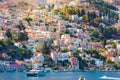 View of traditional colorful houses on Symi island, Greece, Dodecanese Royalty Free Stock Photo