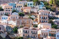 View of traditional colorful houses on Symi island, Greece, Dodecanese Royalty Free Stock Photo