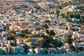 View of traditional colorful houses on Symi island, Greece, Dodecanese Royalty Free Stock Photo