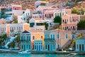 View of traditional colorful houses on Symi island, Greece, Dodecanese Royalty Free Stock Photo