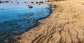 View of sea waves breaking sandy beach with rocks Royalty Free Stock Photo