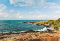 View of sea waves and fantastic rocky coast landscape - Seascape rock tropical island with ocean and blue sky background in Royalty Free Stock Photo