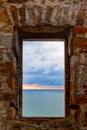 View of sea from window of abandoned mansion Dacha Kvitko Royalty Free Stock Photo