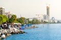 View of seafront with a beach cafe in Limassol, Cyprus