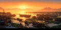 view of the seafront filled with fishing boats at dusk.