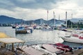 View of the seaport of Batumi, cargo ships, yachts and boats in the port