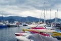 View of the seaport of Batumi, cargo ships, yachts and boats in the port