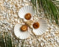 View Of Seared Scallops In Half Shells On Background Of Textured Seashells, Pearls And Green Leaves
