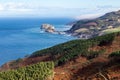 View of the seascape of a beach and rock cliffs with the sea fading to the horizon, blue sky with white clouds, Vizcaya, Basque Royalty Free Stock Photo