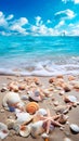View of the seashore. Yellow sandy beach. Sunny sky with light clouds. Shells of mollusks and snails. Banner Royalty Free Stock Photo