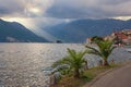 View of seaside Perast town and two islands in autumn evening. Montenegro Royalty Free Stock Photo