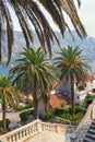 View of seaside Prcanj town from the stairs of the Church of Birth of Our Lady. Bay of Kotor, Montenegro