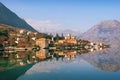 View of seaside Prcanj town on a sunny winter day. Bay of Kotor, Montenegro