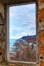 View of seaside from window of abandoned mansion Dacha Kvitko Royalty Free Stock Photo