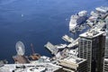 Partial aerial view of the Seattle pier 57 showing the Great Wheel and cruise ship.