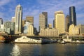 View of Seattle skyline from Bainbridge Ferry at sunset, WA Royalty Free Stock Photo