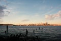 View of the Seattle skyline at dusk from across Elliot Bay in West Seattle Royalty Free Stock Photo