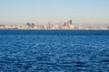 View of Seattle waterfront from the sea at sunset Royalty Free Stock Photo