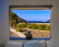 View of Secluded Beach through Window, Mykonos Greece