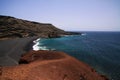 View on secluded lagoon surrounded by impressive rugged weathered cliffs in different colors - El Golfo, Lanzarote