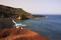 View on secluded lagoon surrounded by impressive rugged weathered cliffs in different colors - El Golfo, Lanzarote