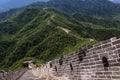 View of a section of the Great Wall of China and the surrounding mountains in Mutianyu