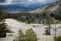 View of a section of Mammoth Hot Springs Terraces while looking toward the tourist parking and area in the valley Royalty Free Stock Photo