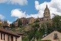 View at the Segovia downton city, with spanish gothic building at the Segovia cathedral, tower dome and other surrounding