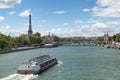 The view of Seine river with sightseeing tour boat