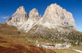 View of Sella Joch pass and mounts Langkofel