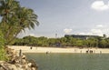 View of Sentosa Palawan Beach. People resting on the shore Royalty Free Stock Photo