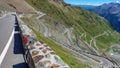 View of serpentine road of Stelvio Pass from above.