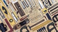 View of a set of carpenter`s tools on a wooden background Royalty Free Stock Photo