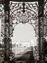 View of the Sevastianov's mansion through beautiful carved wrought iron bars, Ekaterinburg