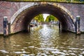 View of seven centuries old bridges in a straight line over the Reguliersgracht, viewed from a canal boat in Amsterdam