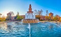 The view on Sforza`s Castle through the waters of large fountain on Piazza Castello in Milan, Italy Royalty Free Stock Photo