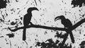 View of the shadowed hornbills on a tree brushed in black with leaves on the white background Royalty Free Stock Photo