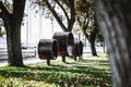 Three park benches of round form Royalty Free Stock Photo