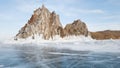 View of the Shamanka rock on lake Baikal. Winter in Siberia