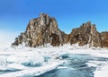 View of Shamanka rock on a sunny winter day. Lake Baikal, Olkhon island. Eastern Siberia,