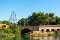 View of shambhala roller coaster over lake portaventura, park, of attractions in tarragona, catalonia, spain