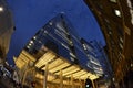 Fisheye view of The Shard at night, London, United Kingdom.